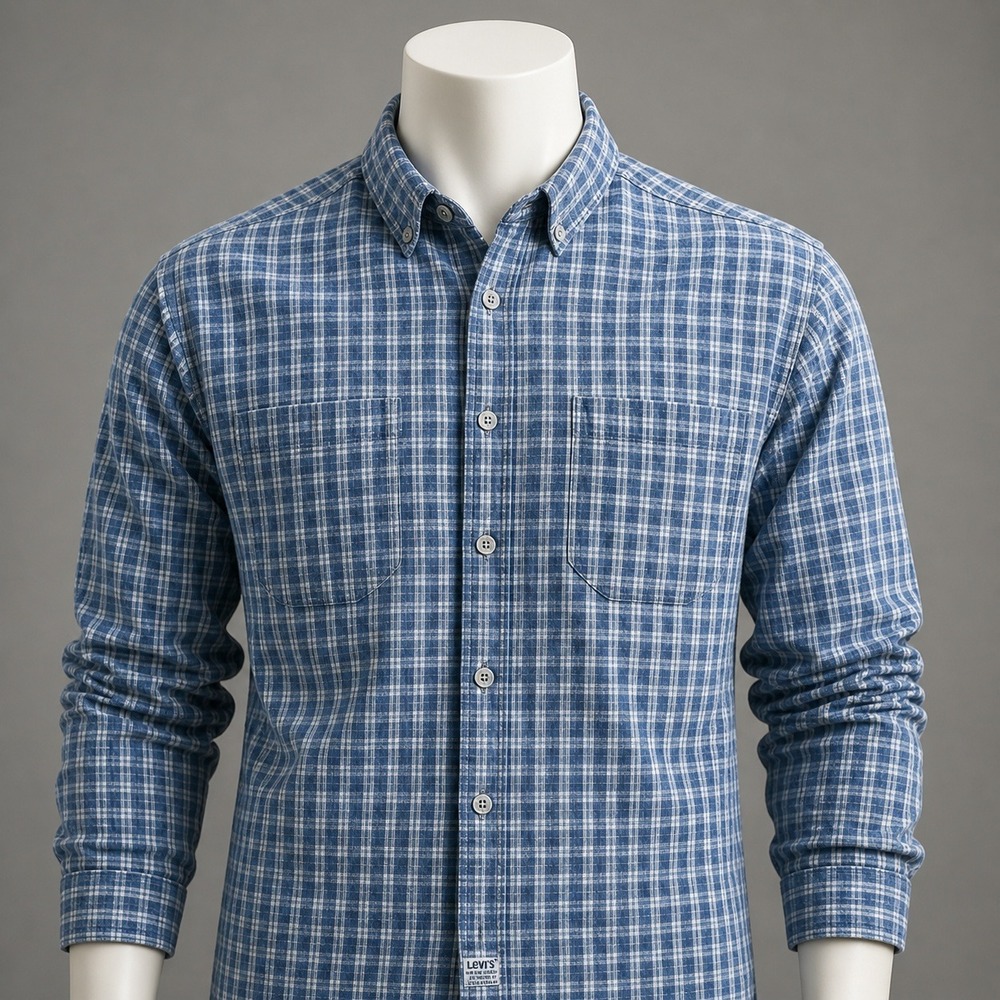 Levis Mens Blue White Plaid Cotton Flannel Button Down Shirt Long Sleeve Size L